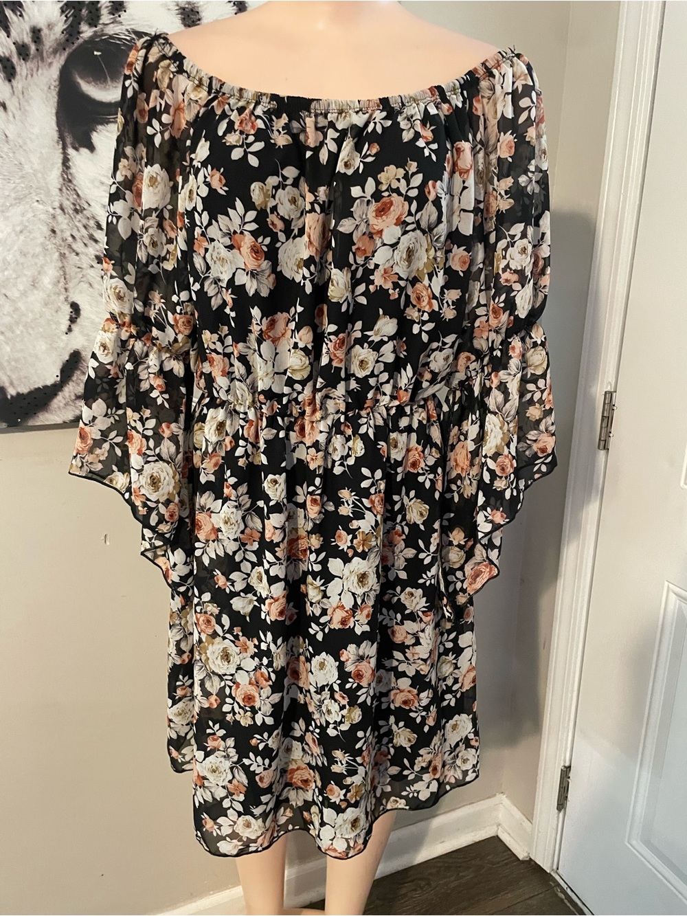 Off Shoulder Chiffon Dress Country peasant Flora Print Flounce sleeve Large